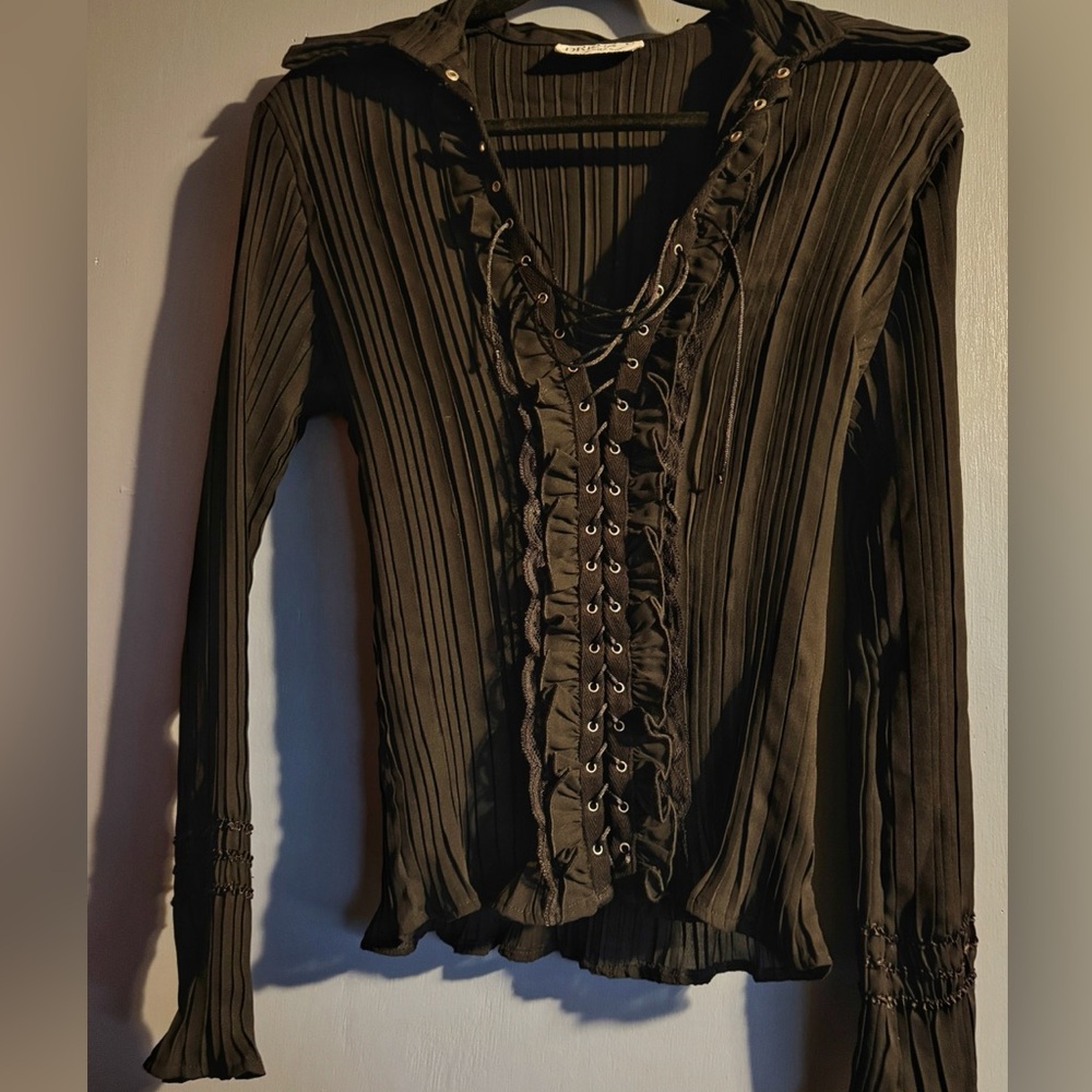 Semi-sheer Black Lace-Up Women's Top